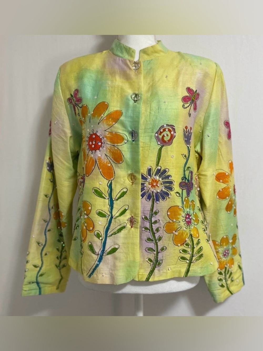 Entice 100% pure silk Floral Blazer in Yellow-Green